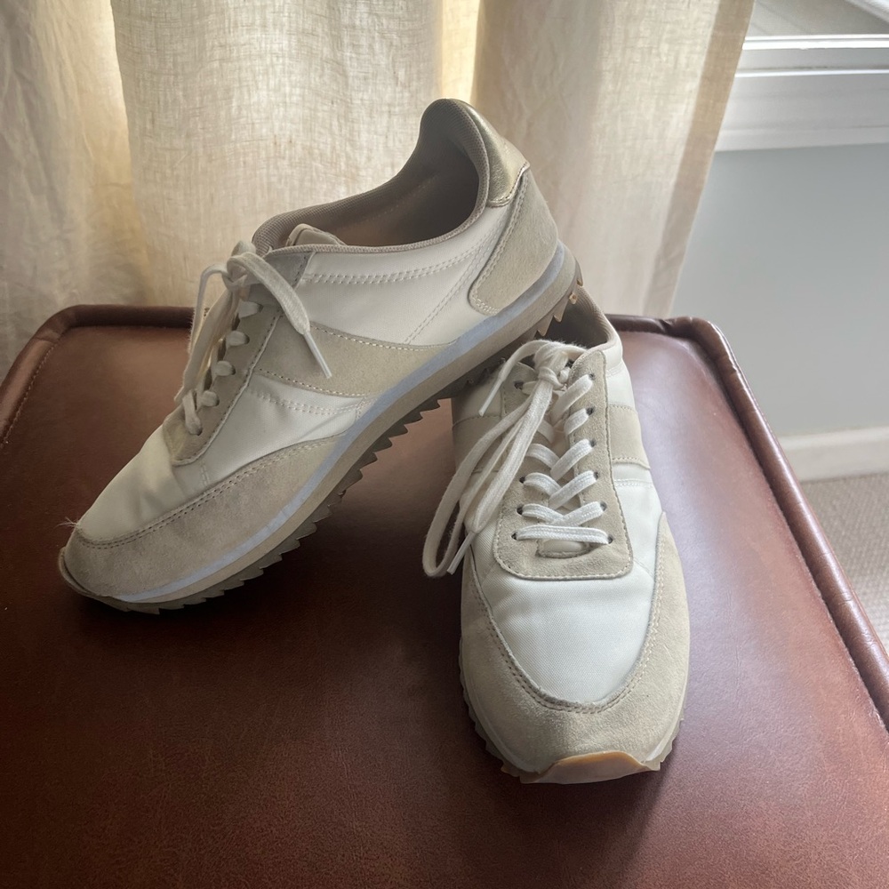 J. Crew Women's Beige and White Sneakers with Metallic Gold accent